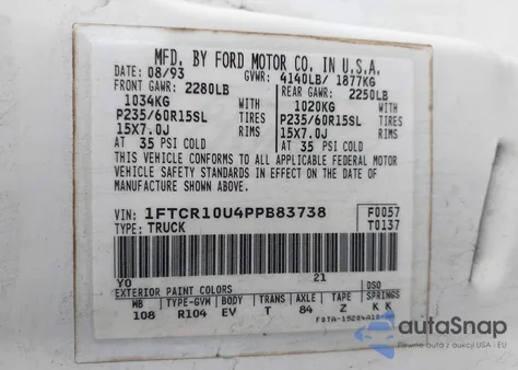 1993 Ford Ranger z USA, uszkodzony, nr VIN 1FTCR10U4PPB83738